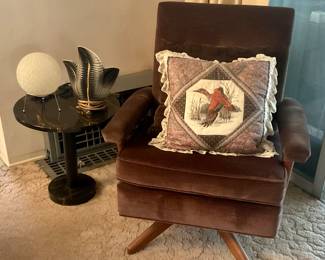 Rocker Swivel Chair, Black w/Gold Marble-like Side Table, 3 Palm Lamp, Globe (plastic/popcorn) on Stand Lamp & Quilted Duck Pillow.