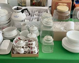 Berkeley House - Renee - Japan - China Set, Canisters, Corelle Dishes, Corning Coffee Pot, Scale, Crystal Dishes & Childs Tea Set.