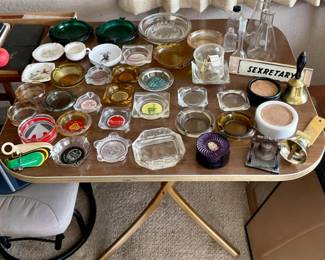 Ashtray Collection, Coasters, Shoehorns, Bells, & Glass Beakers.