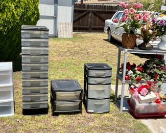 Storage Items. Silk flowers.