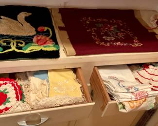 Crocheted, Cross Stitched, Embroidered Variety of Pieces. Also Doilies.