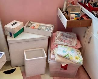 Hamper & Garbage Can Set. Towels. Scale. Wigs.