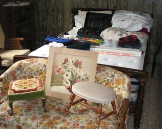 vintage love seat, bed, linens, vintage cam corder and more