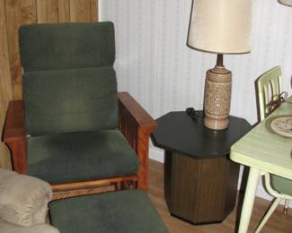 Glider rocker and footstool, 1 of a pair of endtables and lamps