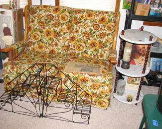 Vintage rocking loveseat, plant stand3 tier shelf