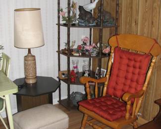 the other end table and lamp, vintage foot stool, wooden rocking chair and corner shelf with misc.