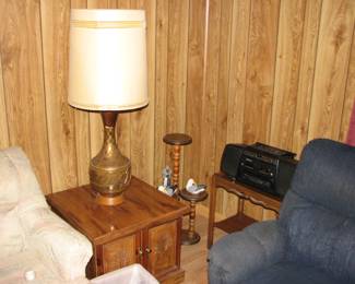 one of a pair of vintage end tables and lamps