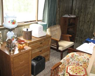 file cabinet, night stand, vintage chair, gone with the wind style lamp