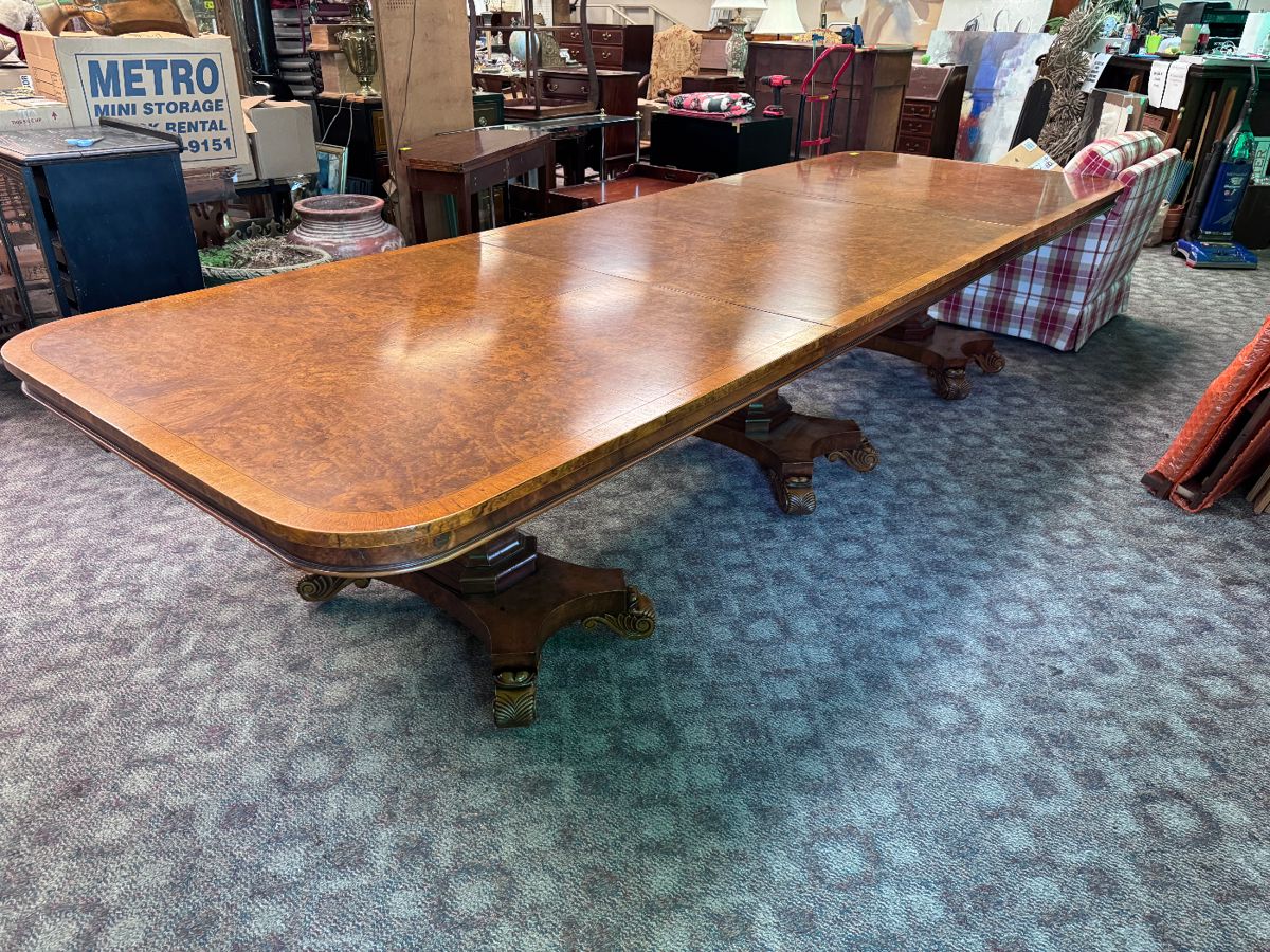 Beautiful 19th burlwood banquet table - triple pedestal base - (As shown 12 ft. - stretches to 16ft w/ leaves added)