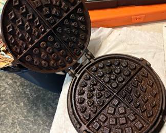 Antique cast iron waffle maker with diamond, hearts, clubs press design. No 4.