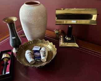 Embossed Brass Bowl, Desk Lamp, Vases