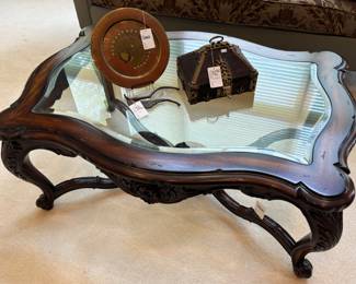 Louis XVI Style Coffee Table, Antique Kerela Dowry Box, Enameled Brass Plate, Antique Betel/Areca Nutcracker