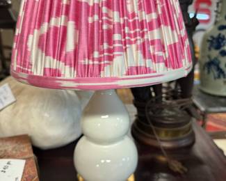 Petite white and gold gilt lamp with custom Ikat shade