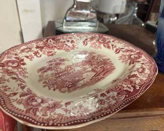 Red and white transfer ware platter