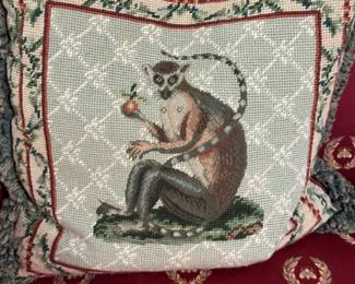 Pair of needlepoint monkey pillows