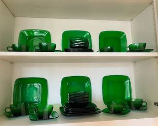 Depression era green china, service for 8, plates, salad plates, berry bowls and cups and saucers