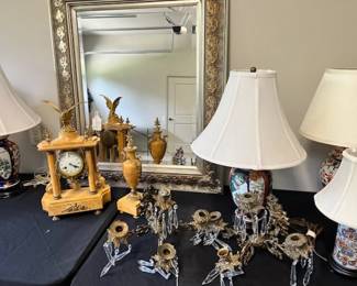 Pr. brass sconces, mirror, and clock set (as is)