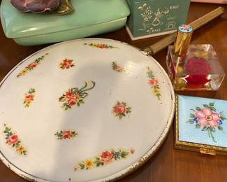 Vintage Enamel Hand Painted Hand Mirror, Enamel Compact, Enamel Lipstick Holder