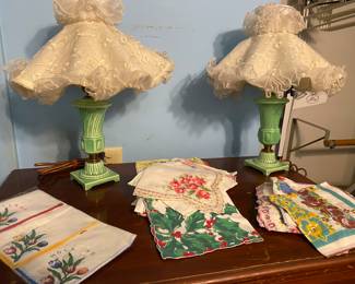 Vintage Boudoir Lamps with Original Shades, Vintage Hankies 