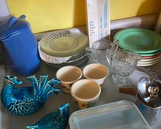 Vintage Pyrex Refrigerator Covered Dish, Fiesta Plates, Water Jug Pitcher