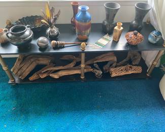 Mid Century Black 2 Tier Console Table. Mid Century Pottery, Mexican Pottery, Mid Century Driftwood