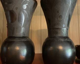 Vintage  Mexico Lama Oaxaca Black Pottery Vases