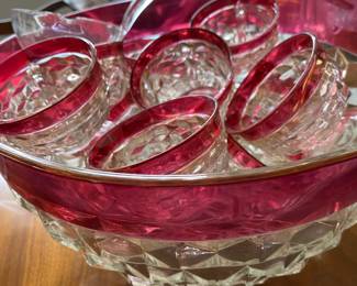 Vintage Ruby Flash Colony Whitehall Punch Bowl with 12 Footed Cups, Ladle