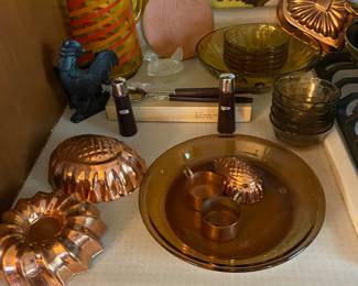 Mid Century Amber Berry Set/Bowls, Vintage Copper Molds, Mid Century Salt/Pepper/Salad Tongs/Box