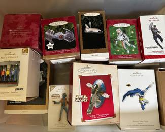 Great selection of Christmas ornaments still in boxes - some with the Star Wars and Star Trek themes