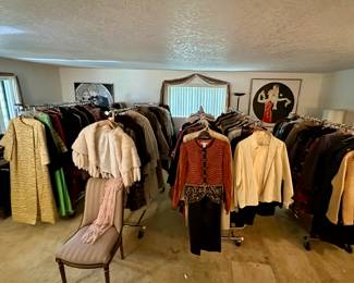 The clothing room has racks of vintage clothes, coats, furs, designer duds, hats, cashmere, shoes, handbags - enough to start your own vintage clothing store!