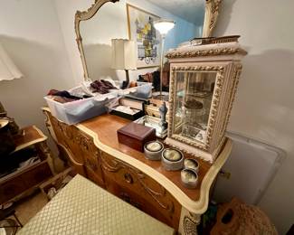Very nice bedroom set contains mirrored dresser, 2 side tables, tall boy dresser and headboard