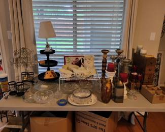 candle holders glassware and vintage tea set