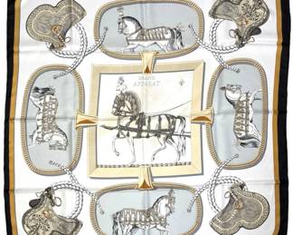 Hermes Gray "Grande Apparat" Silk Scarf Paris