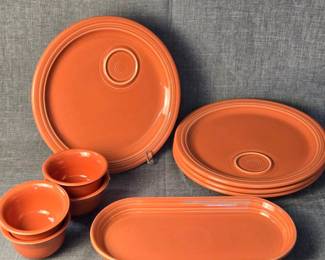 FIESTA 9PC Set 4 Snack Welled Plate 4 Dipping Bowl Bread Tray, Persimmon