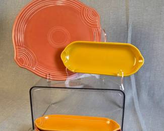 FIESTA 5PC Set Large Cake Plate Four Relish Trays, Persimmon, Tangerine, Marigold and Paprika.