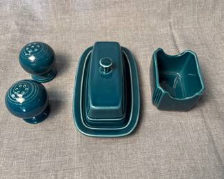 FIESTA 4PC Set Classic Rim Large Butter Dish, Sugar Packet Holder Salt Pepper Shaker, Juniper