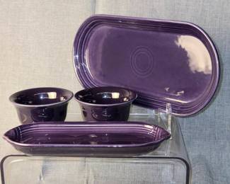 FIESTA 4PC Set 2 Bouillon Bowl Relish Tray Bread Tray, Plum. The Homer Laughlin China Co.