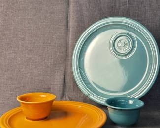 FIESTA 4PC Set 2 Snack Welled Plate 2 Dipping Bowl, Tangerine And Turquoise