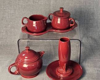 FIESTA 6PC Set Sugar And Cream Tray Set Covered Teapot Bud Vase Butter Plate, Cinnabar.