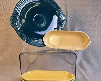 FIESTA 5PC Set Large Cake Plate Four Relish Trays, Ivory, Sunflower, Evergreen and Chartreuse.