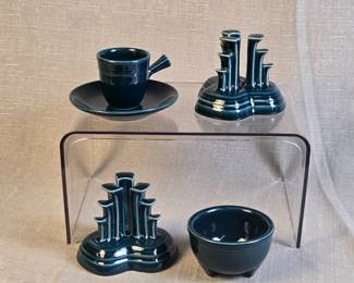 FIESTA 5PC Set Two Pyramid Candle Holder AD Cup And Saucer All Purpose Bowl, Juniper.