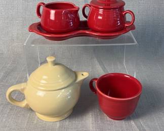 FIESTA 5PC Sugar Bowl, Figure 8 Tray, Creamer, 2 CupTeapot, Tea Cup, Scarlet, Ivory