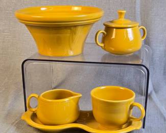FIESTA 5PC Set Hostess Serving Bowl Teacup Sugar And Creamer Set w Tray, Marigold.