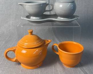 FIESTA 5PC Sugar Bowl, Figure 8 Tray, Creamer, 2 CupTeapot, Tea Cup, Pearl Grey, Tangerine