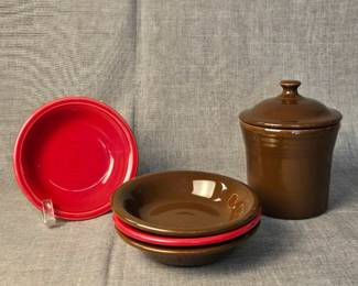 FIESTA 5PC Set Scarlet and Chocolate Small Fruit Bowls Chocolate Utility Cannister.
