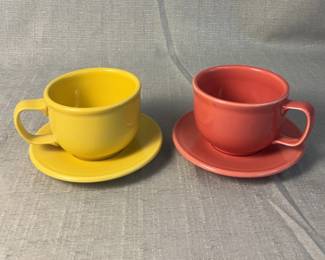 FIESTA 4PC Jumbo Latte Mugs And Saucers In Flamingo And Daffodil 2 Jumbo Latte Mugs, 2 Saucers