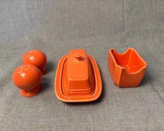 FIESTA 4PC Set, Classic Rim Large Butter Dish, Sugar Packet Holder Salt Pepper Shaker, Persimmon