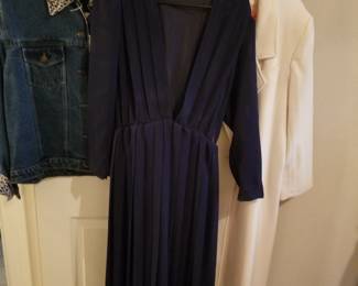 Long navy dress with white coat and denim jacket