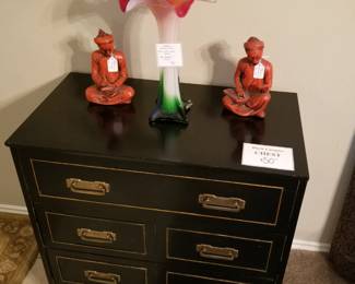 Asian 3 drawer chest. Tulip vase and figurines on top