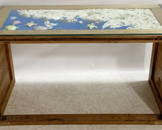 1393 - Vintage Cargo Furniture Console Table with inset beach sand & glass top 33 x 59 x 24